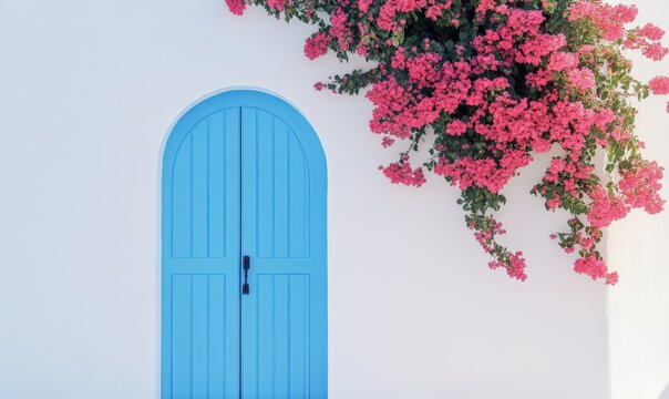 White walls and blue doors, red flowers at the entrance