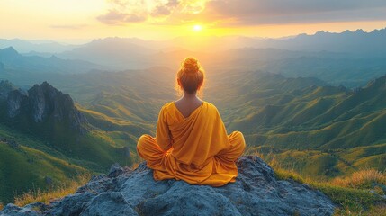 Obraz premium Woman Meditating on Mountain at Sunrise 