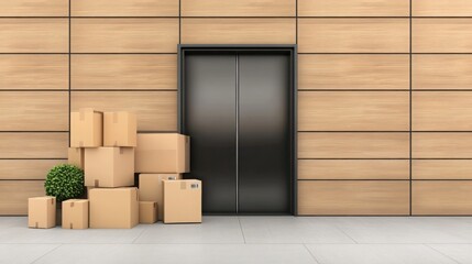 A modern apartment building entrance with boxes stacked neatly near the elevator