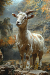 Fototapeta premium A Young Goat Stands on a Rock in Autumn