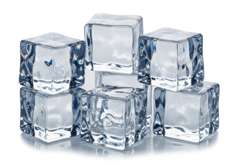 Crystal-clear ice cubes floating against a pure white backdrop, isolated for a clean, refreshing look