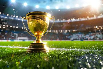 Shiny gold cup on a football field, under bright stadium lights, representing championship success.