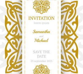 Vector luxury wedding invitation with mandala. Golden vintage greeting card on a white background. Vector abstract design elements. Great for invitation and greeting cards, packaging, flyer, wallpaper
