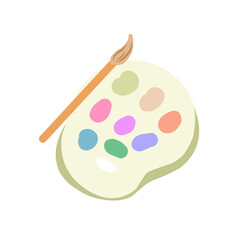 Palette with paints, acrylic colours tube, brush in paint for artist. Watercolour palette, paintbrush. Tools for drawing