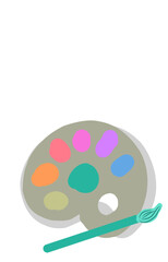 Palette with paints, acrylic colours tube, brush in paint for artist. Watercolour palette, paintbrush. Tools for drawing