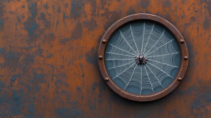 Fototapeta premium A spider web intricately woven over a rusted clock face, surrounded by decaying metal