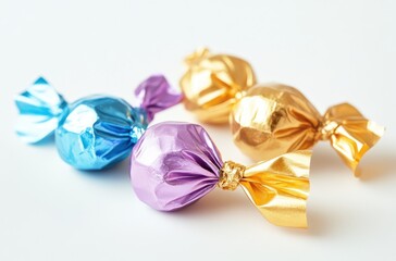 Colorful wrapped candies in assorted shiny foil showcasing vibrant blue, gold, and purple hues on a white background ideal for festive celebrations and sweet treats.
