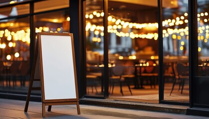Wooden flyer stand in front of cozy restaurant with copy space
