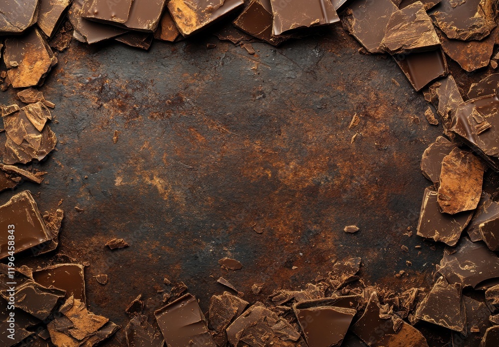 Poster dark chocolate fragments on rustic surface surrounded by cracked cocoa pieces and textured backgroun