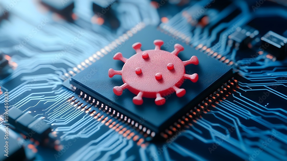 Poster vibrant 3d of red virus icon on black microchip with blue circuit lines signifying technological