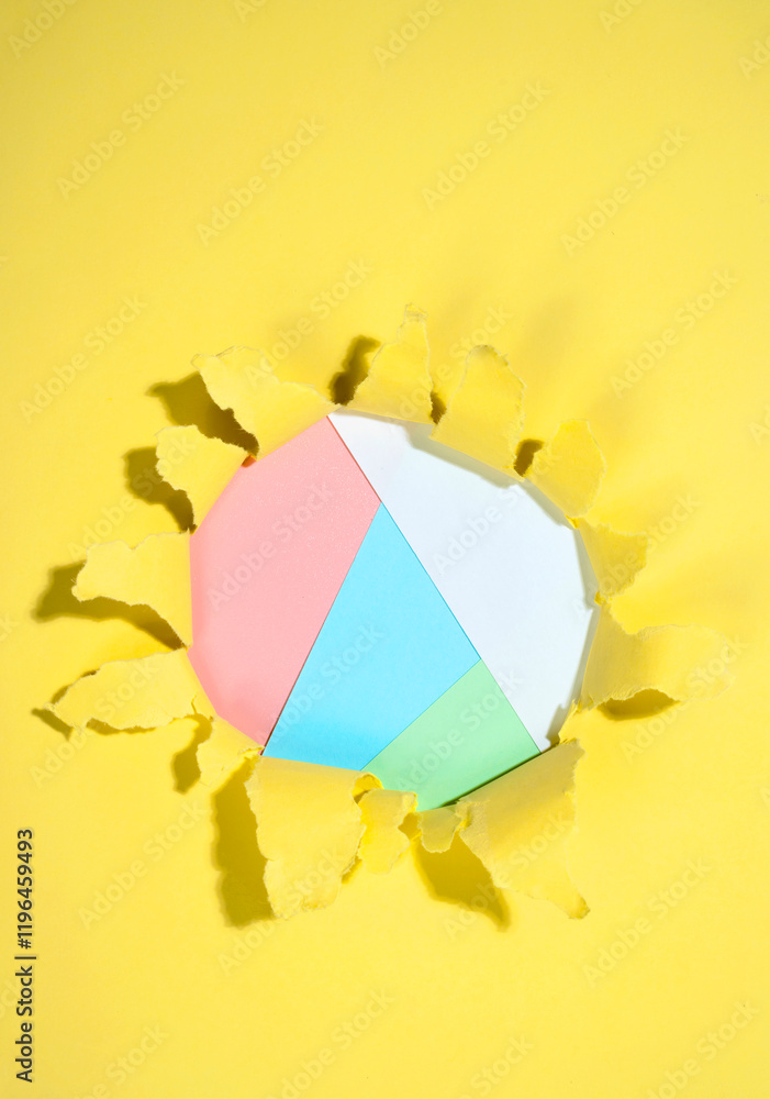 Poster top view of the hole from ripped yellow paper with a colored background. mockup. copy space. present