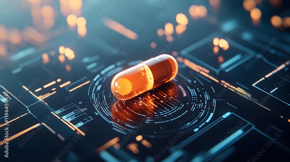 Poster glowing futuristic capsule surrounded by dynamic technological graphics