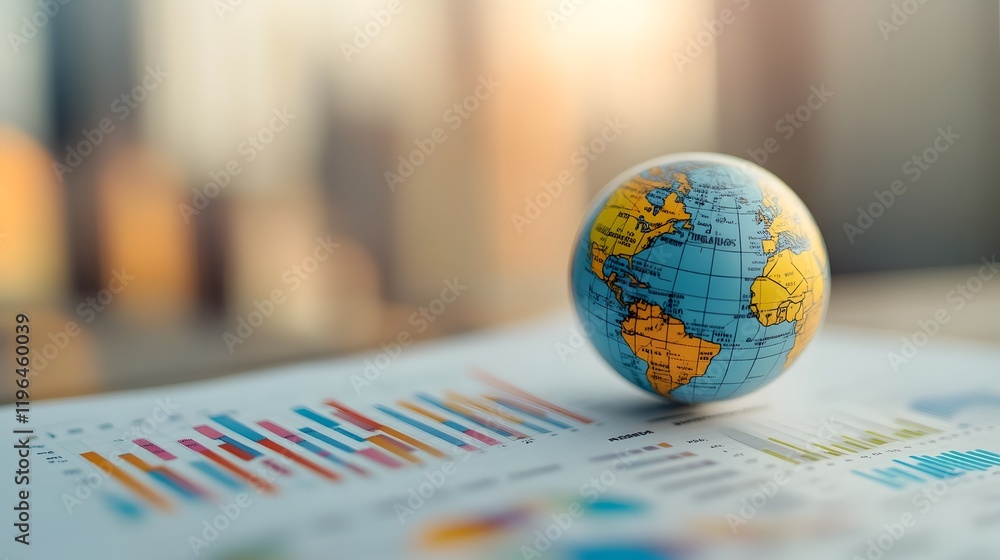 Poster miniature earth globe on financial report with charts and graphs representing global business