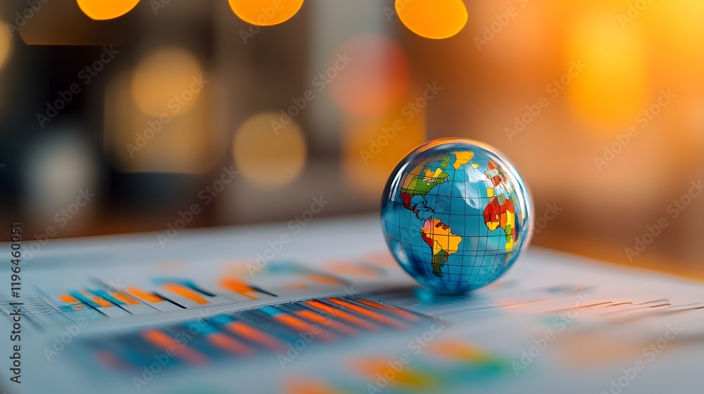 Poster miniature world globe resting on financial report with colorful charts and graphs