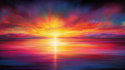 Fiery Horizon: A breathtaking abstract painting depicts a vibrant sunset over a serene ocean.  The canvas bursts with fiery hues of orange, yellow, red and purple, creating an otherworldly atmosphere.