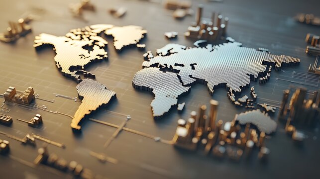 Fototapeta Metallic World Map With Jagged Market Graph Overlay on Beige Background