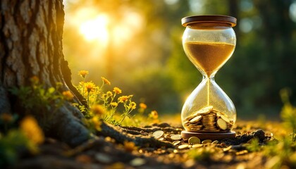 An hourglass and coins scattered on the ground near a tree, illustrating the idea of investment growth over time