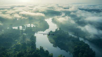 Fototapeta premium Military Transport Aircraft Flying Over a Scenic River at Dusk