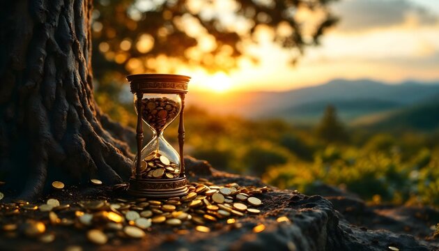 An hourglass placed beside a tree, with coins scattered on the ground, symbolizing the notion of investment growth