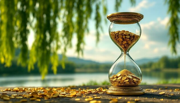 n hourglass resting at the base of a tree, showcasing the theme of investment growth and the management of time