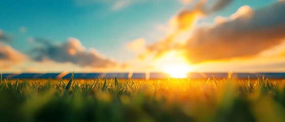 Panoramic View of Solar Panels in Harmonious Field Under Vibrant Sky