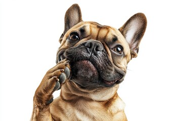 Fototapeta premium Dog with a humorous grin one paw raised to cover its mouth on isolated white background