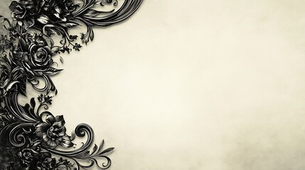 Ornate Black Floral Design on Beige Background