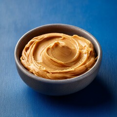 Fresh healthy peanut butter in bowl on blue background