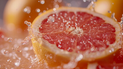 Fresh Grapefruit Halves Splashed With Water on a Pink Background