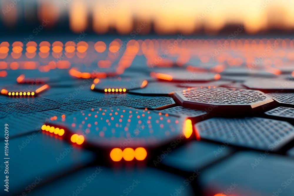 Poster immersive digital network of glowing hexagonal shapes in futuristic atmosphere