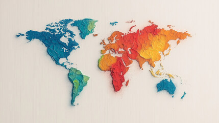 World Map with Colorful Topography: A vibrant, colorful representation of the world map with a textured, topographical design.  The continents are painted in a dynamic color gradient.