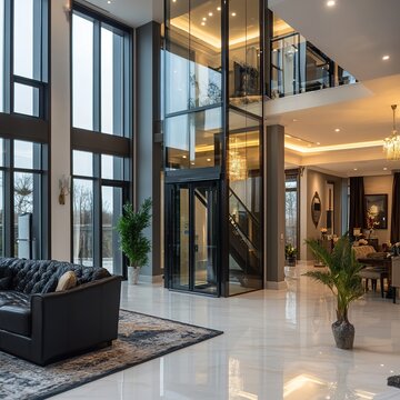 Modern home interior with glass elevator, staircase, and luxury furniture.