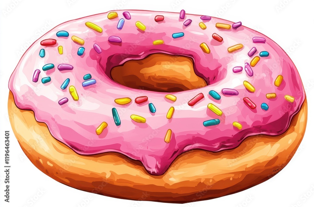 Wall mural Deliciously Sweet Pink Frosted Doughnut with Colorful Sprinkles on a Soft Golden Base Perfect for Celebrations and Treats in a Vibrant Snack Scene