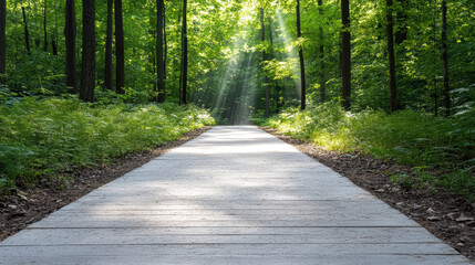 Fototapeta premium serene forest path with dappled sunlight filtering through trees, inviting peace