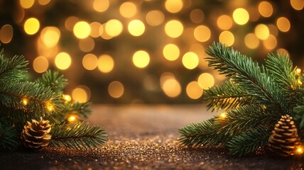 Obraz premium Warm Festive Background with Glowing Lights and Pine Branches