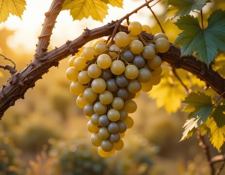 Un racimo exuberante y vibrante de uvas jugosas y regordetas cuelga de una parra retorcida y nudosa, sobre un fondo c&aacute;lido y ba&ntilde;ado por el sol