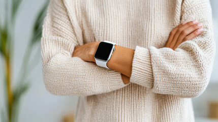 person wearing stylish smartwatch while crossing their arms