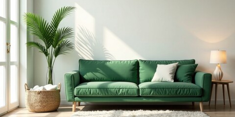 Serene Living Room Interior Design with Emerald Green Sofa and Natural Elements