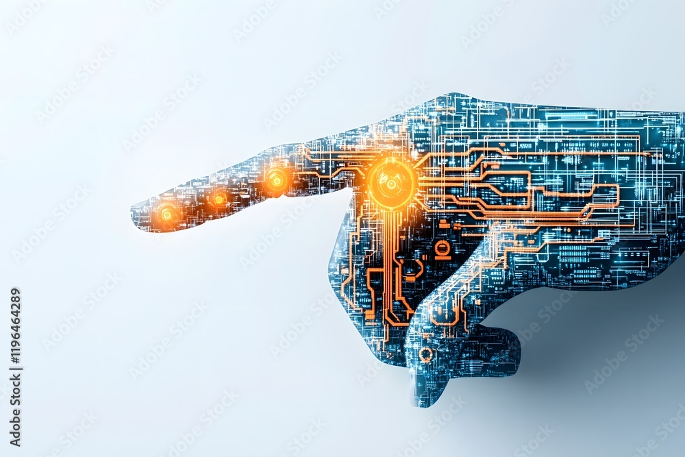 Aufkleber a digital robotic hand touching a glowing energy core with intricate cybernetic patterns in