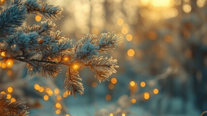 Snow-Covered Pine Branch with Warm Golden Lights