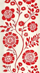 62. A Swedish fabric pattern featuring a combination of Scandinavian folk art and floral motifs in red and white