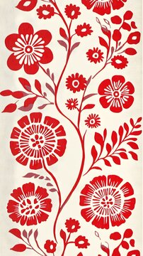 Fototapeta 62. A Swedish fabric pattern featuring a combination of Scandinavian folk art and floral motifs in red and white