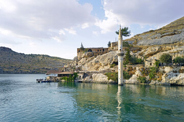 Beautiful landscape from Turkish Mesopotamia: an abandoned village on the river bank with the...