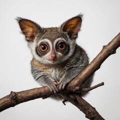 Naklejka premium A bush baby perched on a small wooden branch, isolated against a white background.