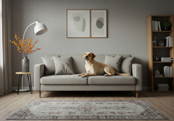 A playful dog enjoying a comfortable space on a sofa, with warm lighting and inviting decor, with a close-up view of a happy dog lounging on a sofa