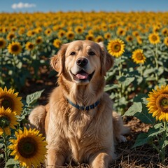 A golden retriever sitting in a field of sunflowers under a blue sky.