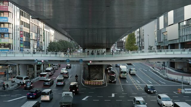 Tokyo Scene : Separation Type Intersection in the City CenterFrom the Top: Metropolitan Expressway, Pedestrian Bridge, and General Roadway | Shibuya Station West, Shibuya, Tokyo, Japan