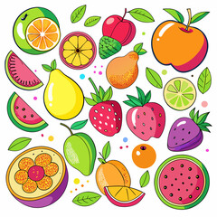 A vibrant collection of stylized, hand-drawn fruits is scattered across with white background