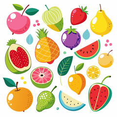 A vibrant collection of stylized, hand-drawn fruits is scattered across 
