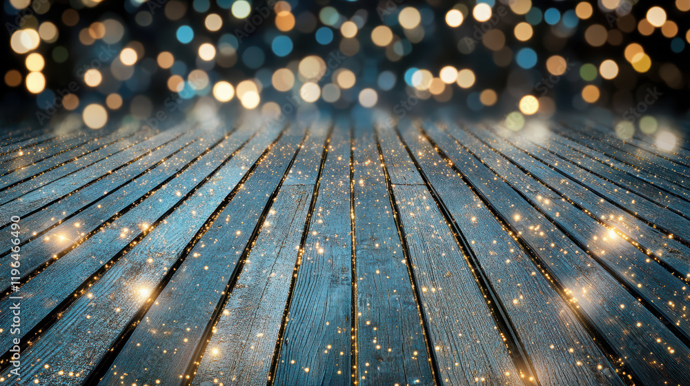 Sticker Sparkling wooden floor with glowing bokeh lights creating festive atmosphere